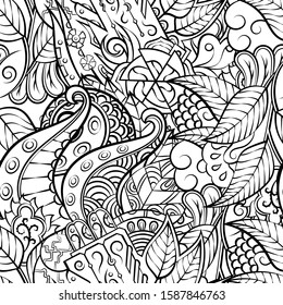 Tracery seamless pattern. Mehndi design. Ethnic monochrome binary doodle texture. Curved doodling black and white background. Vector