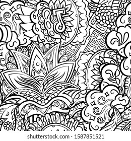 Tracery seamless pattern. Mehndi design. Ethnic monochrome binary doodle texture. Curved doodling black and white background. Vector