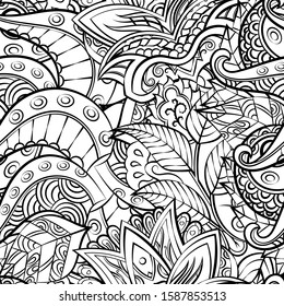 Tracery seamless pattern. Mehndi design. Ethnic monochrome binary doodle texture. Curved doodling black and white background. Vector