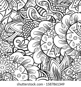 Tracery seamless pattern. Mehndi design. Ethnic monochrome binary doodle texture. Curved doodling black and white background. Vector