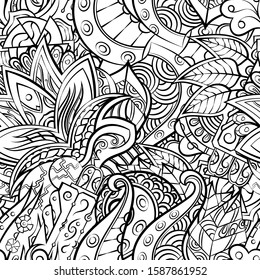 Tracery seamless pattern. Mehndi design. Ethnic monochrome binary doodle texture. Curved doodling black and white background. Vector