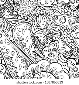 Tracery seamless pattern. Mehndi design. Ethnic monochrome binary doodle texture. Curved doodling black and white background. Vector