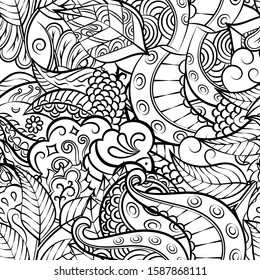 Tracery seamless pattern. Mehndi design. Ethnic monochrome binary doodle texture. Curved doodling black and white background. Vector