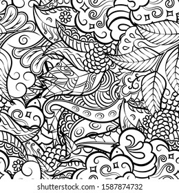 Tracery seamless pattern. Mehndi design. Ethnic monochrome binary doodle texture. Curved doodling black and white background. Vector