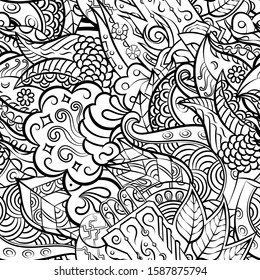 Tracery seamless pattern. Mehndi design. Ethnic monochrome binary doodle texture. Curved doodling black and white background. Vector