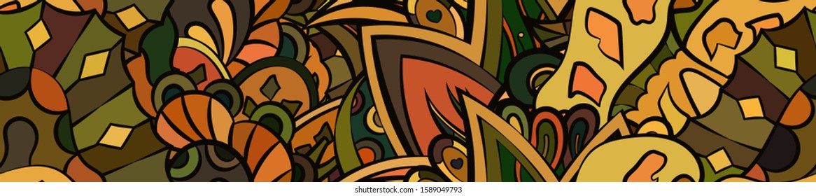 Tracery seamless pattern. Mehndi design. Ethnic colorful doodle texture. Curved doodling background. Vector
