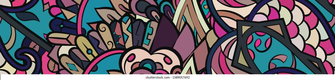 Tracery seamless pattern. Mehndi design. Ethnic colorful doodle texture. Curved doodling background. Vector
