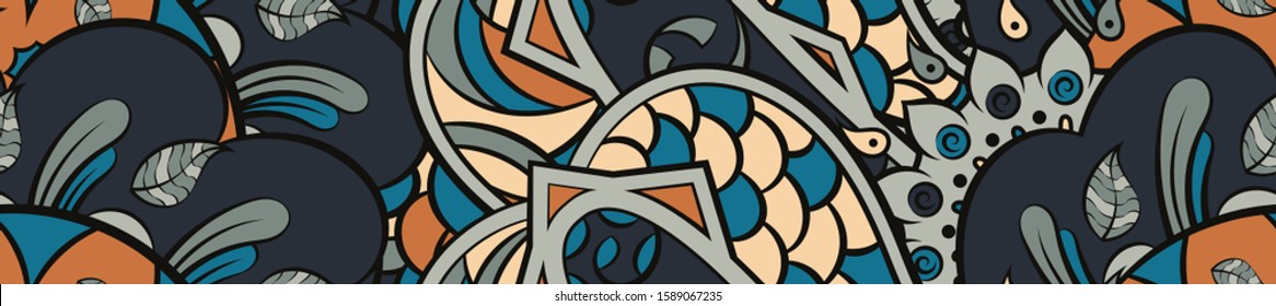 Tracery seamless pattern. Mehndi design. Ethnic colorful doodle texture. Curved doodling background. Vector