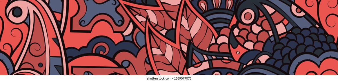 Tracery seamless pattern. Mehndi design. Ethnic colorful doodle texture. Curved doodling background. Vector