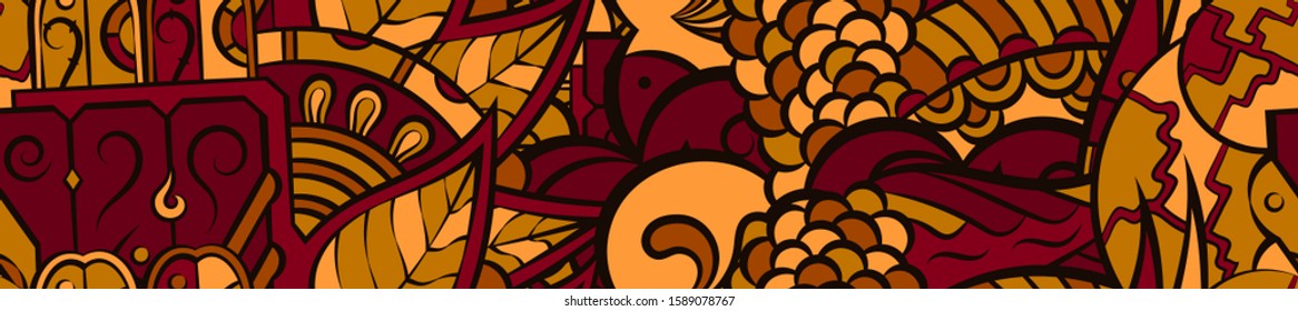 Tracery seamless pattern. Mehndi design. Ethnic colorful doodle texture. Curved doodling background. Vector