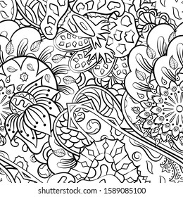 Tracery seamless pattern. Mehndi design. Ethnic monochrome binary doodle texture. Curved doodling black and white background. Vector