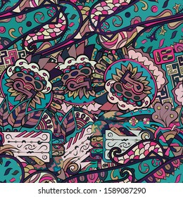 Tracery seamless pattern. Mehndi design. Ethnic colorful doodle texture. Curved doodling background. Vector