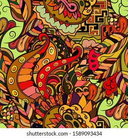 Tracery seamless pattern. Mehndi design. Ethnic colorful doodle texture. Curved doodling background. Vector