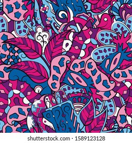 Tracery seamless pattern. Mehndi design. Ethnic colorful doodle texture. Curved doodling background. Vector