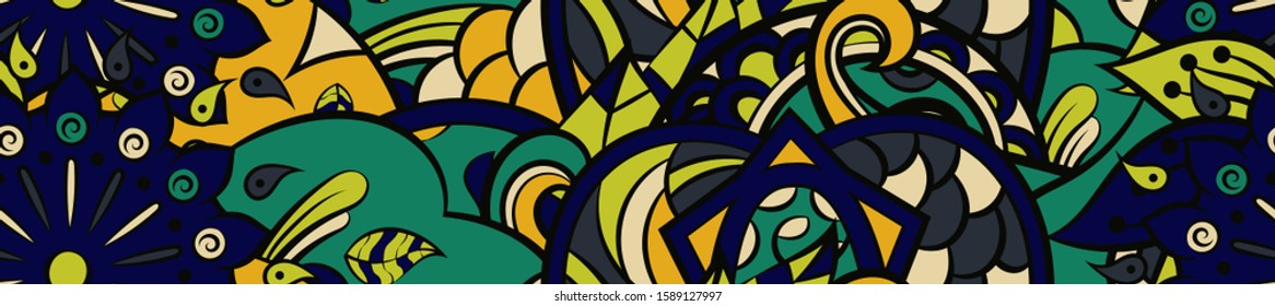 Tracery seamless pattern. Mehndi design. Ethnic colorful doodle texture. Curved doodling background. Vector