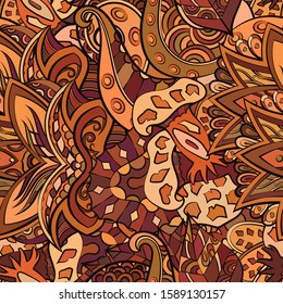 Tracery seamless pattern. Mehndi design. Ethnic colorful doodle texture. Curved doodling background. Vector
