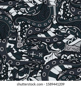 Tracery seamless pattern. Mehndi design. Ethnic colorful doodle texture. Curved doodling background. Vector