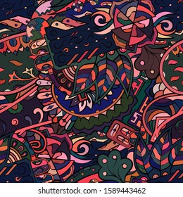 Tracery seamless pattern. Mehndi design. Ethnic colorful doodle texture. Curved doodling background. Vector