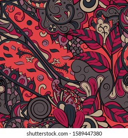 Tracery seamless pattern. Mehndi design. Ethnic colorful doodle texture. Curved doodling background. Vector