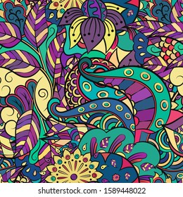 Tracery seamless pattern. Mehndi design. Ethnic colorful doodle texture. Curved doodling background. Vector