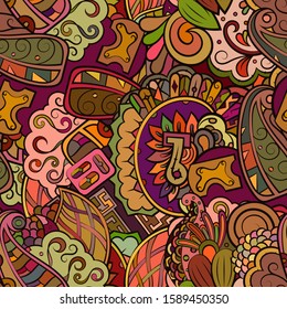 Tracery seamless pattern. Mehndi design. Ethnic colorful doodle texture. Curved doodling background. Vector