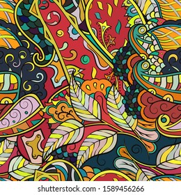 Tracery seamless pattern. Mehndi design. Ethnic colorful doodle texture. Curved doodling background. Vector