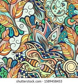 Tracery seamless pattern. Mehndi design. Ethnic colorful doodle texture. Curved doodling background. Vector