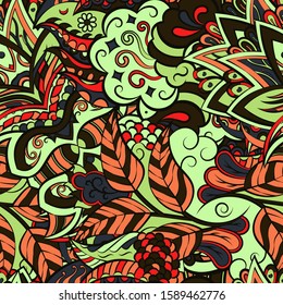 Tracery seamless pattern. Mehndi design. Ethnic colorful doodle texture. Curved doodling background. Vector