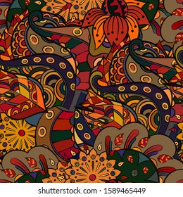 Tracery seamless pattern. Mehndi design. Ethnic colorful doodle texture. Curved doodling background. Vector