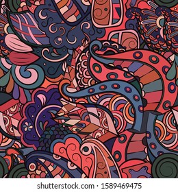 Tracery seamless pattern. Mehndi design. Ethnic colorful doodle texture. Curved doodling background. Vector