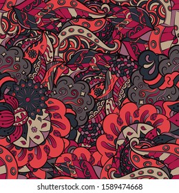 Tracery seamless pattern. Mehndi design. Ethnic colorful doodle texture. Curved doodling background. Vector