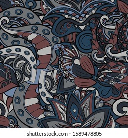 Tracery seamless pattern. Mehndi design. Ethnic colorful doodle texture. Curved doodling background. Vector