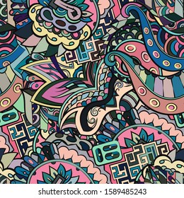 Tracery seamless pattern. Mehndi design. Ethnic colorful doodle texture. Curved doodling background. Vector