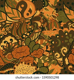 Tracery seamless pattern. Mehndi design. Ethnic colorful doodle texture. Curved doodling background. Vector