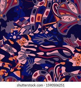 Tracery seamless pattern. Mehndi design. Ethnic colorful doodle texture. Curved doodling background. Vector