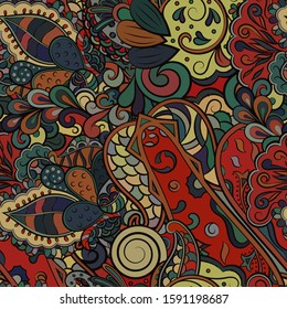 Tracery seamless pattern. Mehndi design. Ethnic colorful doodle texture. Curved doodling background. Vector