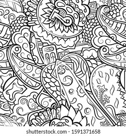 Tracery seamless pattern. Mehndi design. Ethnic monochrome binary doodle texture. Curved doodling black and white background. Vector