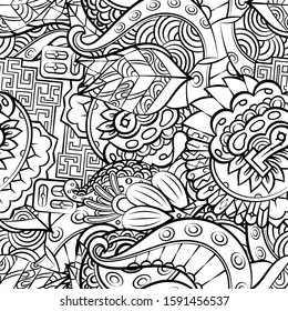 Tracery seamless pattern. Mehndi design. Ethnic monochrome binary doodle texture. Curved doodling black and white background. Vector