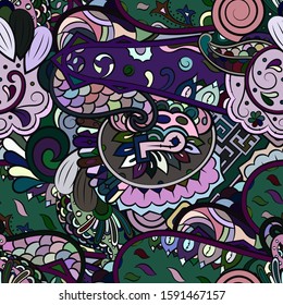 Tracery seamless pattern. Mehndi design. Ethnic colorful doodle texture. Curved doodling background. Vector