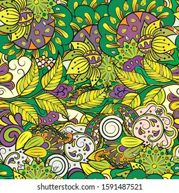 Tracery seamless pattern. Mehndi design. Ethnic colorful doodle texture. Curved doodling background. Vector