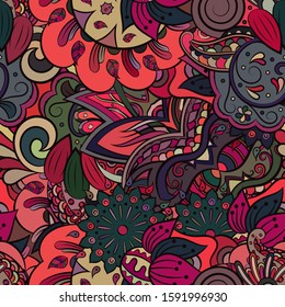Tracery seamless pattern. Mehndi design. Ethnic colorful doodle texture. Curved doodling background. Vector