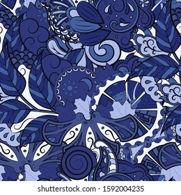 Tracery seamless pattern. Mehndi design. Ethnic colorful doodle texture. Curved doodling background. Vector