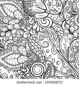 Tracery seamless pattern. Mehndi design. Ethnic monochrome binary doodle texture. Curved doodling black and white background. Vector