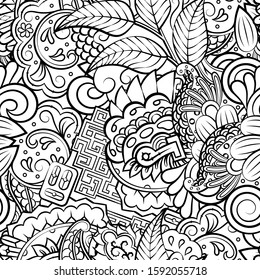 Tracery seamless pattern. Mehndi design. Ethnic monochrome binary doodle texture. Curved doodling black and white background. Vector