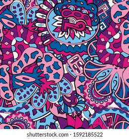 Tracery seamless pattern. Mehndi design. Ethnic colorful doodle texture. Curved doodling background. Vector