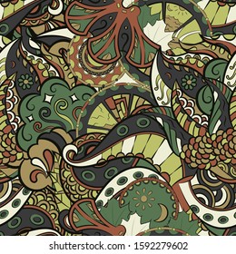 Tracery seamless pattern. Mehndi design. Ethnic colorful doodle texture. Curved doodling background. Vector