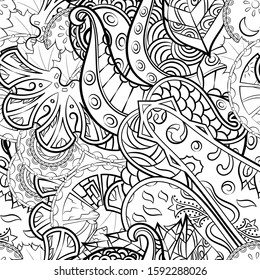 Tracery seamless pattern. Mehndi design. Ethnic monochrome binary doodle texture. Curved doodling black and white background. Vector