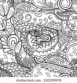 Tracery seamless pattern. Mehndi design. Ethnic monochrome binary doodle texture. Curved doodling black and white background. Vector