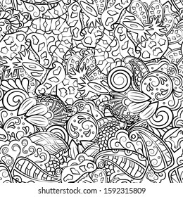 Tracery seamless pattern. Mehndi design. Ethnic monochrome binary doodle texture. Curved doodling black and white background. Vector