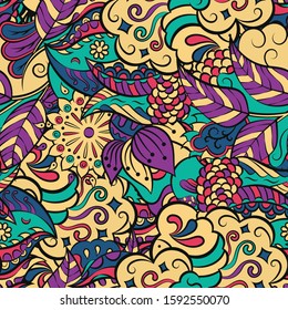 Tracery seamless pattern. Mehndi design. Ethnic colorful doodle texture. Curved doodling background. Vector